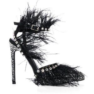 AZALEA WANG SEINE BLACK FEATHER AND DIAMOND EMBELLISHED PUMP - 8.5